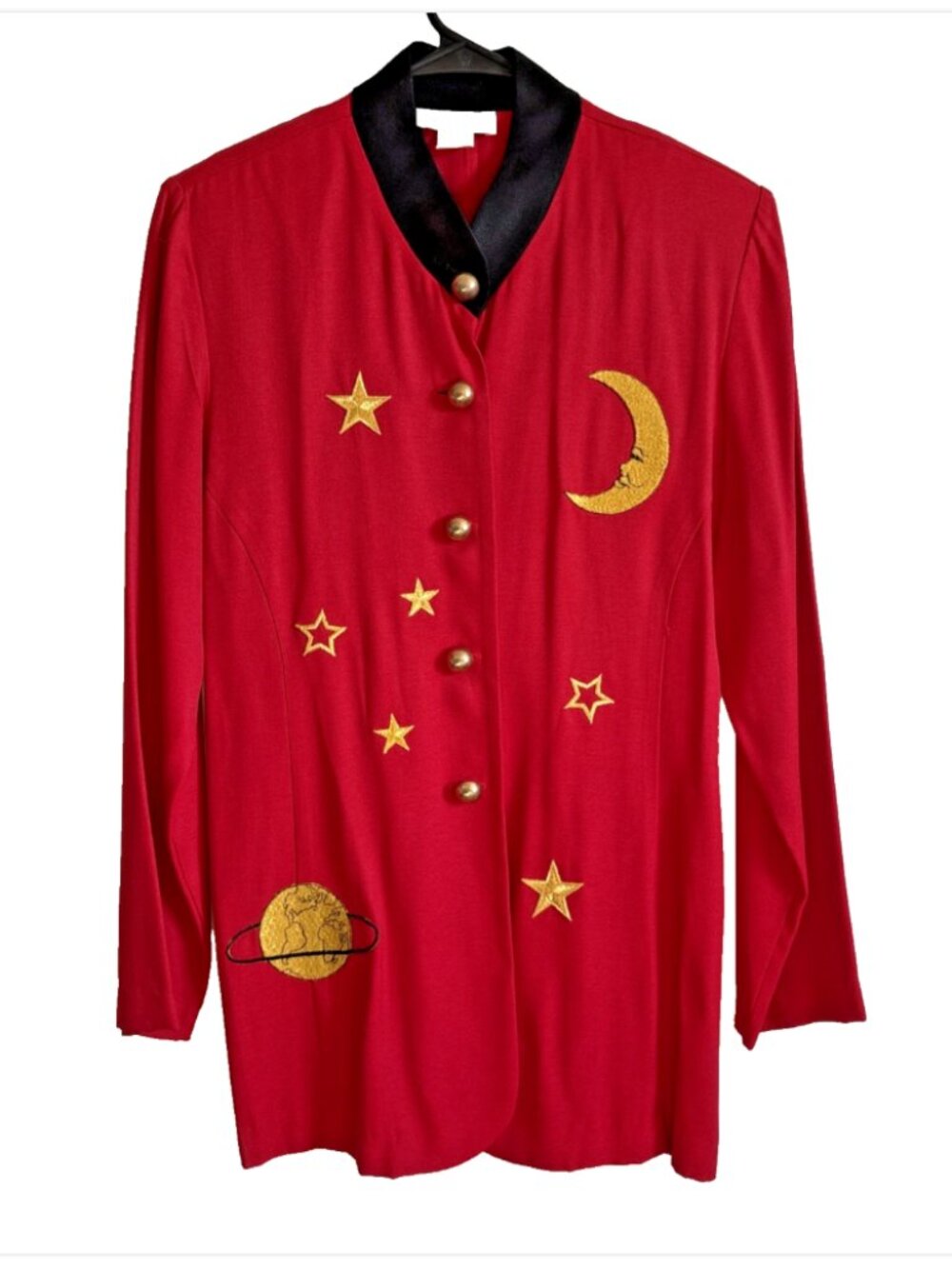 Vintage Lew Magram Red Button Down Top Moon & Stars Celestial Librarian Size 10